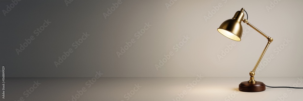 Poster elegant brass desk lamp on minimalist surface with gradient background, illuminated for clean advert
