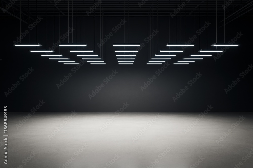 Poster Empty modern interior with rows of rectangular ceiling lights above a smooth concrete floor and dark background for creative design or branding concept.