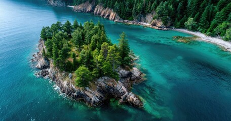 Aerial view of an island with pine trees and clear blue water, surrounded by cliffs