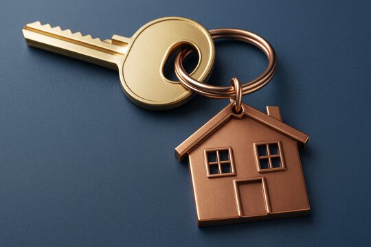 Golden key with house-shaped keychain on blue background symbolizing home ownership and real estate concept in a creative graphic style.