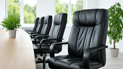 Fototapeta premium Black leather office chairs arranged around a conference table.