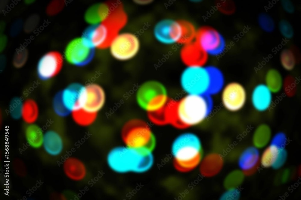 Poster cluster of defocused colored light circles is floating in bokeh effect over dark backdrop