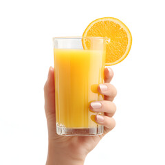 A hand holding glass of orange juice, isolated on white background.
