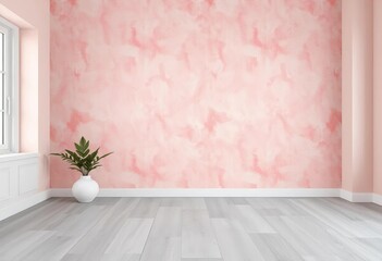 Soft blush pink wallpaper complements a cool grey floor in a serene room,  living room,  sophisticated