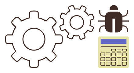 Gears, bug and calculator highlighting system malfunction, error analysis, code debugging. Ideal for technology, software testing, troubleshooting, development, functionality computation simple