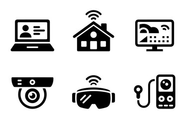 Smart Technology and Devices Icons Set – Smart Home, VR, Webcam, Laptop, Weather, and Media Player Silhouettes.
