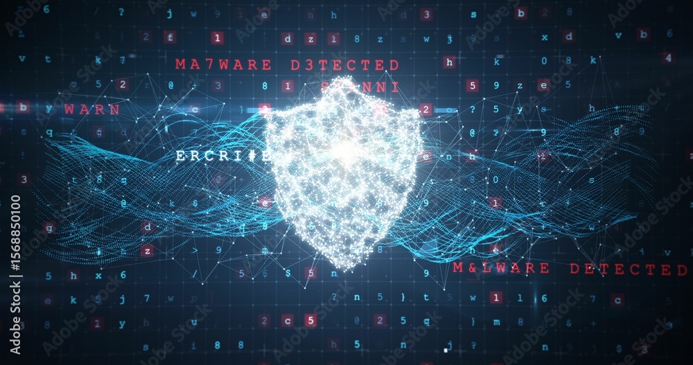 Poster shield and malware detected on binary background