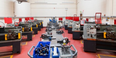 Machine shop flat illustration is showing parallel metal lathes, tool trolley, red shields