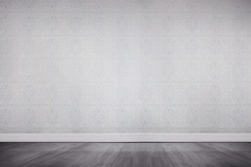 Decorative wallpapered wall and baseboard molding are being shown with wooden floor in flat design