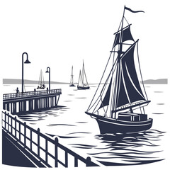 Vintage Rowboat and Tree Silhouette Vector Illustration


