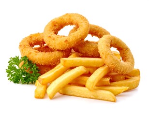 Crispy fried onion rings and fries