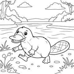 A cartoon platypus with a duck-like bill, webbed feet, and a beaver tail stands near a riverbank with trees, bushes, and clouds, drawn in black-and-white line art.