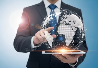 Businessman touching a digital globe with network connections on a tablet