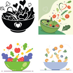 Healthy salad bowls with fresh ingredients and heart motifs