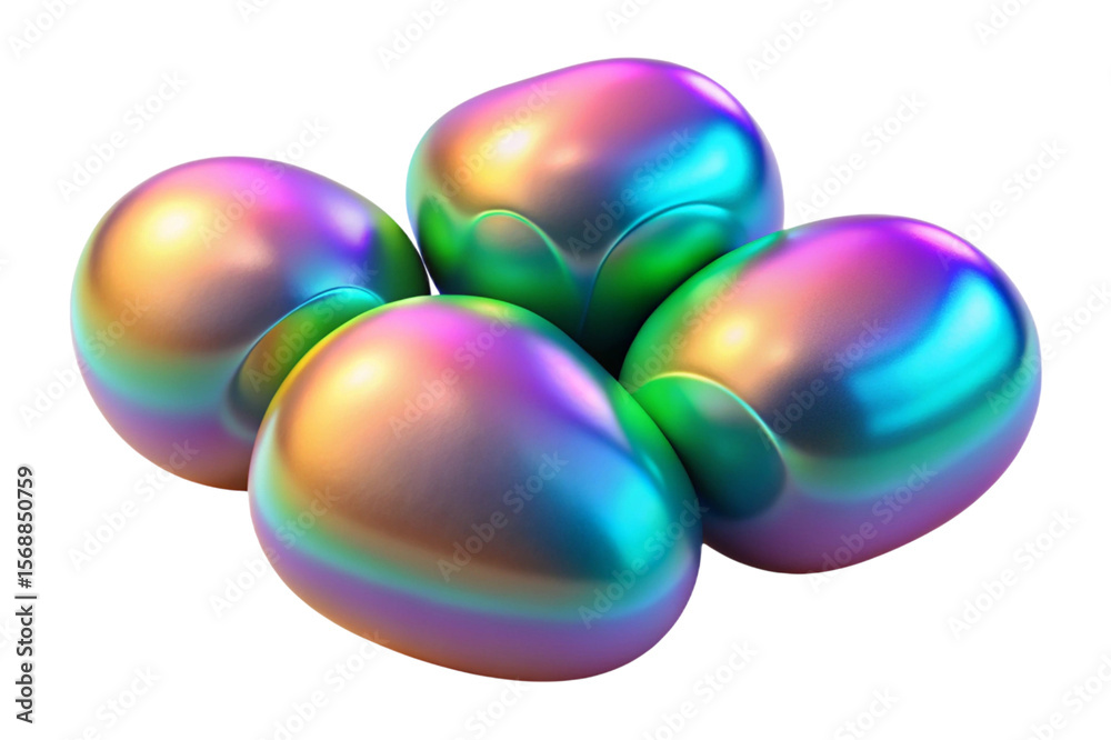 Fototapete four iridescent metallic pebbles with smooth rounded shapes isolated on transparent background