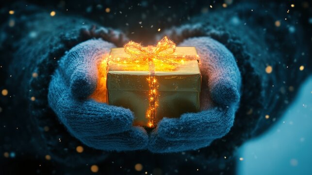 Glowing gift box held in gloved hands, snowy bokeh