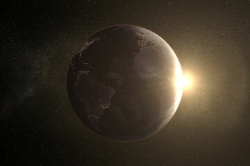 3D render is showing Earth floating in space with city lights, solar glow and star field