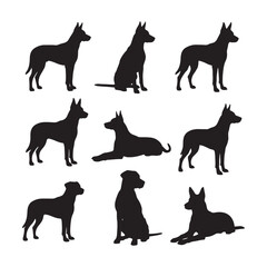 Nine Black Canine Silhouettes in Diverse Poses Standing Sitting and Lying Down on White Background Dog Breed Collection