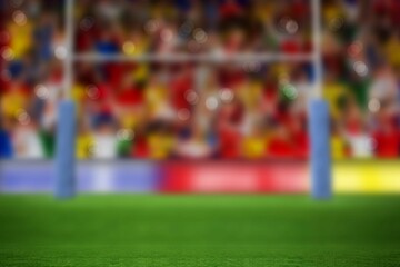 Flat design is featuring padded goalpost uprights on green turf with blurred fans, bokeh lights