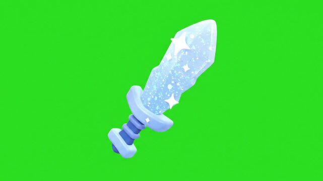 Light Blue Crystal Sword 3D Render Isolated by Green Screen Fantasy Magic Theme Cartoon Style for Digital Decoration and Design Projects