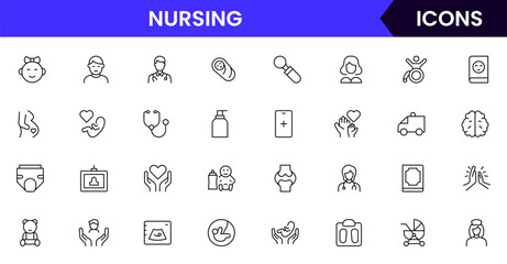 Vector illustration web line icon collection for nursing home care, elderly, medical, and support symbols in a compassionate, modern style.