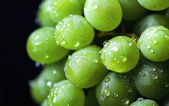 Dewy green grapes, clustered together