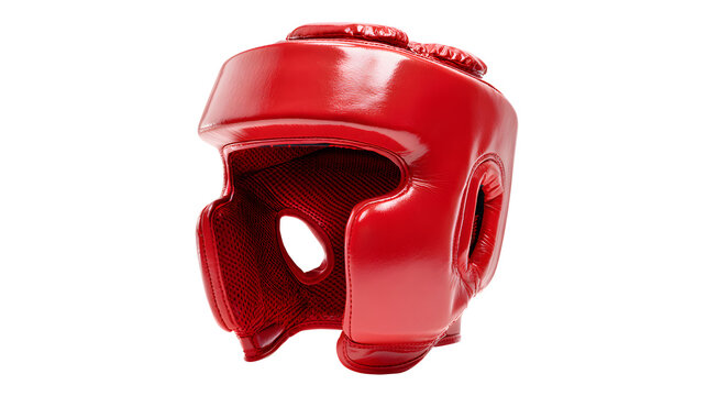 Red boxing headgear designed to protect against injury isolated on white background.