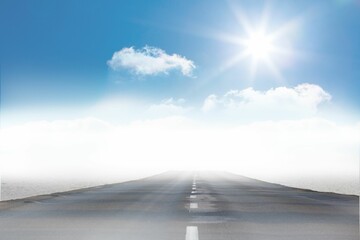 Flat vector showing asphalt road dashed white centerline heading into fog under sun, cumulus clouds