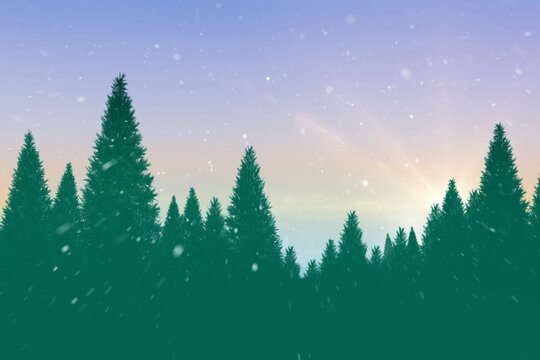 Fototapeta Flat design is showing pine forest silhouette under pastel gradient sky with drifting snowflakes
