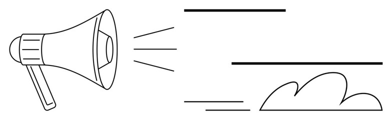 Megaphone emitting sound waves illustrated as abstract lines alongside a minimalistic cloud. Ideal for communication, promotion, marketing, broadcasting, outreach, voice, and influence. Simple flat