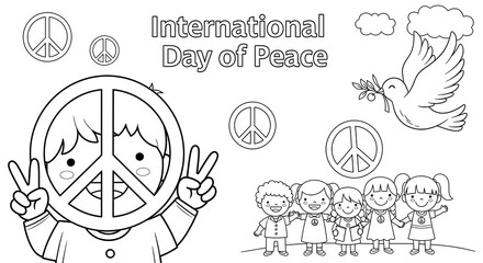 Children celebrating international day of peace with peace symbols and a dove isolated on transparent background