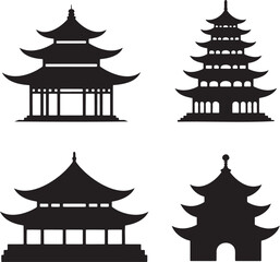 Set of Chinese pagodas silhouette vector illustration isolated On Transparent Background