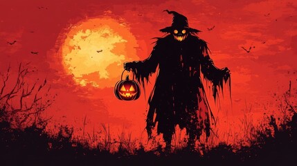 Spooky Halloween Figure Holding a Glowing Pumpkin