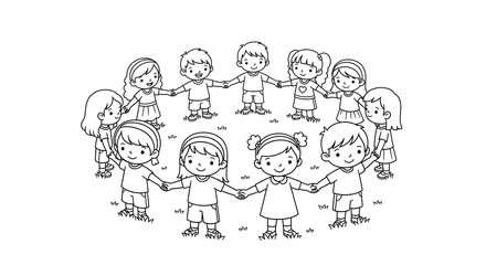 Diverse group of happy children holding hands in a circle isolated on transparent background