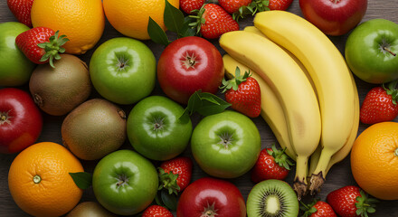 Top View of Fresh Assorted Fruits &ndash; Colorful Healthy Food Background

