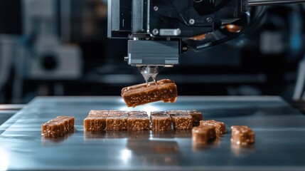 A dynamic shot of a 3D printer creating personalized nutrition bars for athletes.