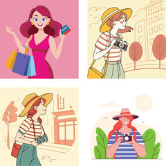 Stylish women enjoying shopping and photography in urban settings