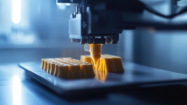 A dynamic shot of a 3D printer creating personalized nutrition bars for athletes.