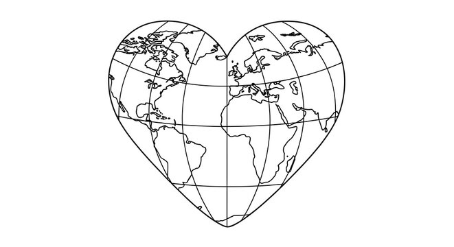 Heart shaped world map outline with continents and latitude longitude lines isolated on transparent background