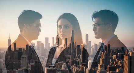 Business Team Double Exposure with City Skyline at Sunset, symbolizing teamwork, ambition, and urban innovation.
