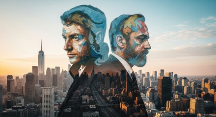 Artistic double exposure of two businessmen with painted faces and a city skyline, symbolizing creativity, leadership