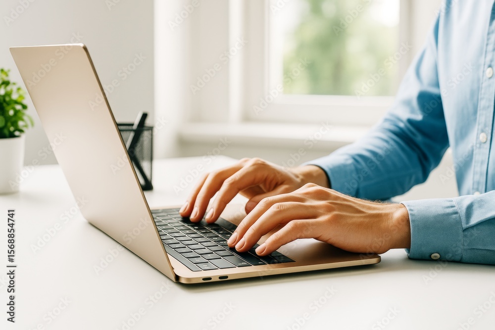 Poster close-up of man working on a laptop at bright home office desk with modern minimalist background and