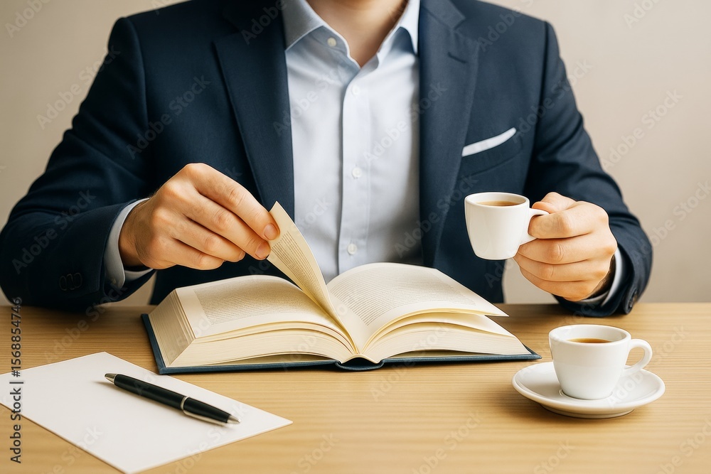 Poster man in suit reading book while holding coffee cup at desk with pen and paper on light background. pr