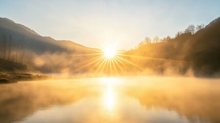 Fototapeta premium Golden Sunrise Spreading Light Over Misty Tranquil Lake Landscape