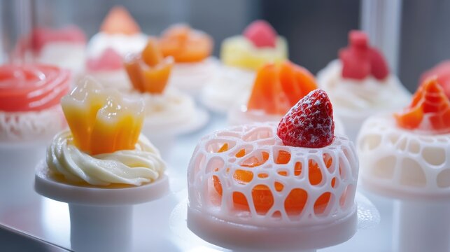 A futuristic 3D food printing machine creating intricate desserts with precision.