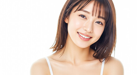 潤いのある肌の日本人女性 白背景 AI生成画像