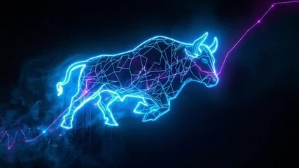 A symbol of financial power - a neon bull with pulsating graphs. - Powered by Adobe