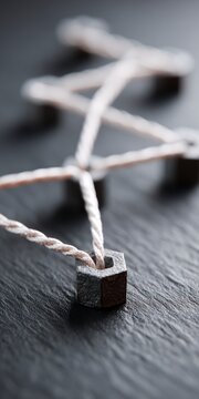 Close up of a network of nuts connected by white string against a dark textured surface