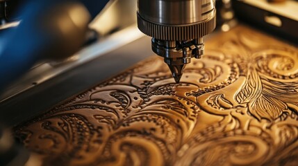 A small, detailed machine crafting intricate patterns on leather for artisanal goods.