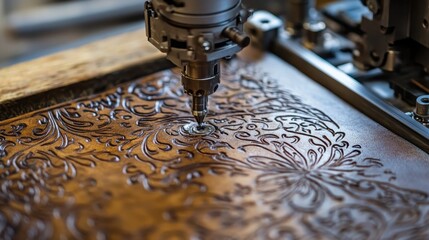 A small, detailed machine crafting intricate patterns on leather for artisanal goods.